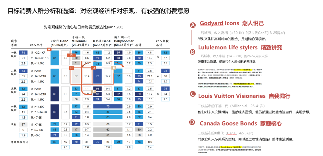 按城市等级、收入和世代划分的目标消费人群分析